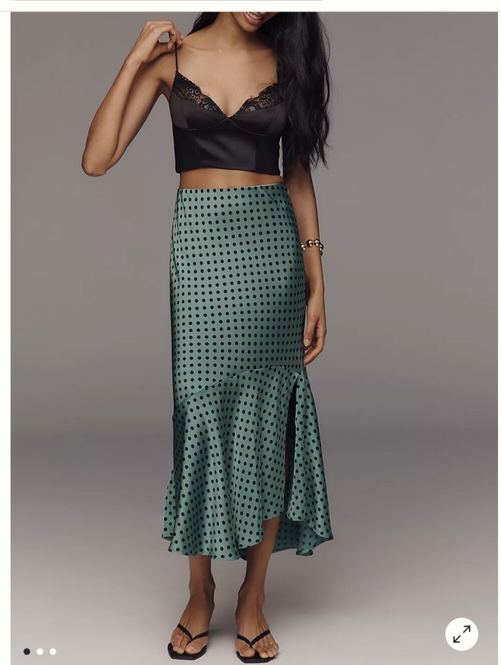 Maeve Biased Ruffle Polka Dot Satin Midi Skirt in Green - Anthropologie